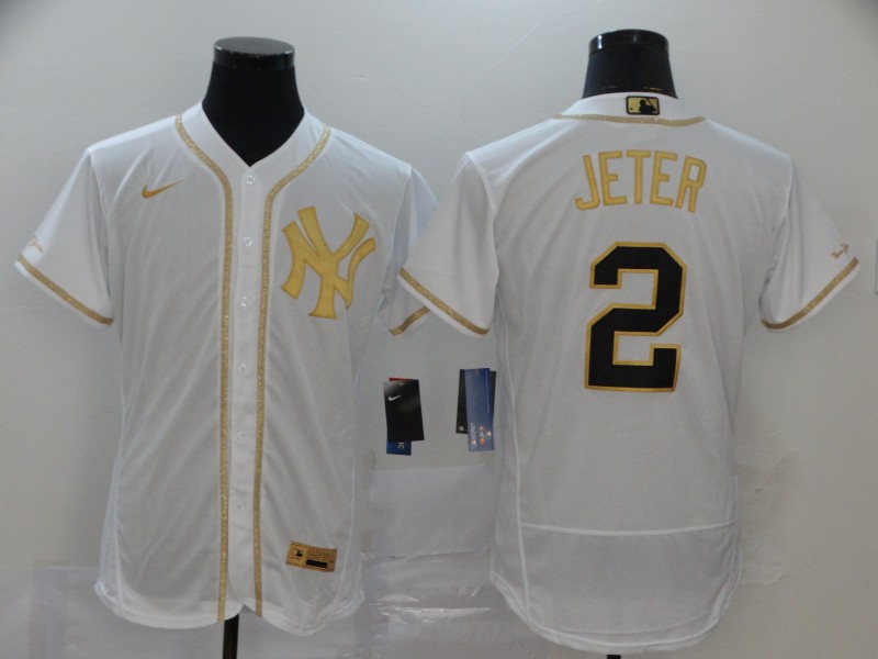 Men's New York Yankees #2 Derek Jeter White Golden Flex Base Stitched MLB Jersey Men's New York Yankees #2 Derek Jeter White Golden Flex Base Stitched MLB Jersey